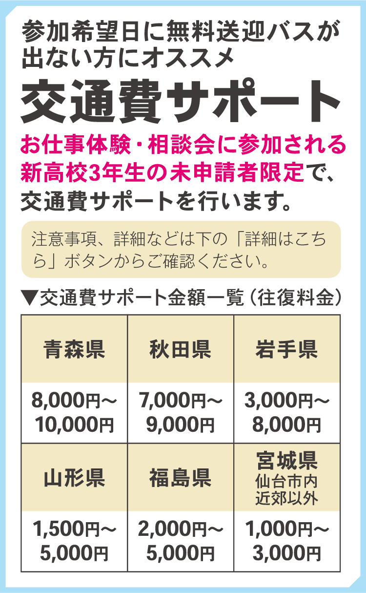 参加希望日に無料送迎バスが出ない方にオススメ 交通費サポート